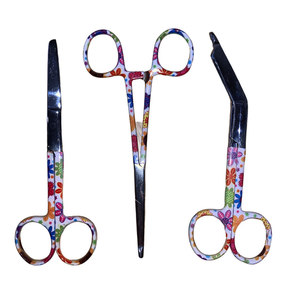 Set of Three: Bandage Scissors, Nurses Scissors + Forceps in White Flowers Design