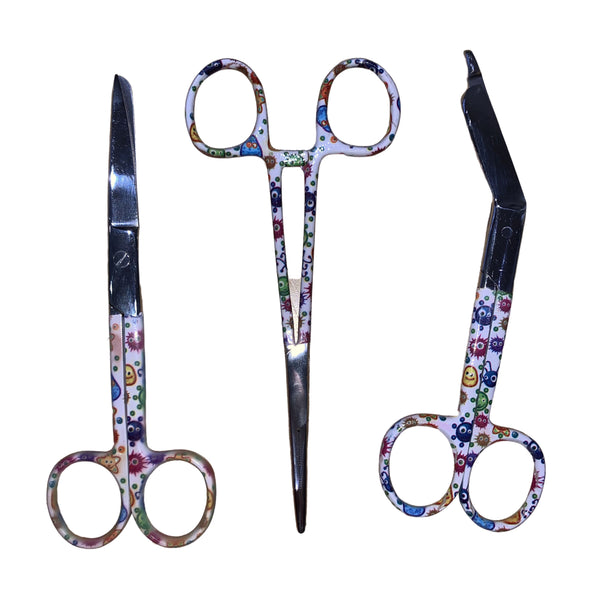 Set of Three: Bandage Scissors, Nurse scissors and Forceps with Funky Bacteria design