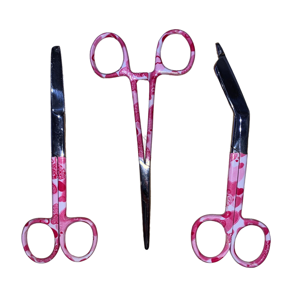 Set of Three Bandage Scissors, Nurses Scissors + Forceps in Pink Lace