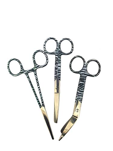 Set of Three: Bandage Scissors, Nurse scissors and Forceps with Zebra design