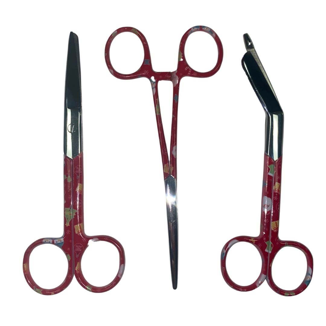 Set of Three: Bandage Scissors, Nurse scissors and Forceps with Festive Christmas design